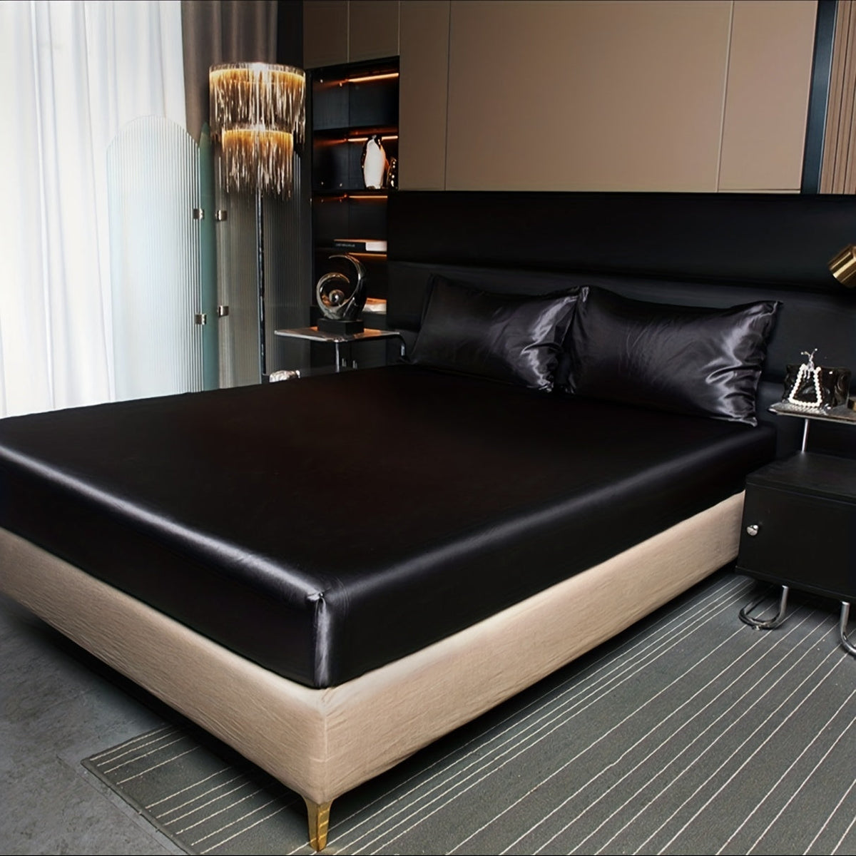 2/3-Piece Satin Bedding Set - Luxury Soft Fitted Sheet & Pillowcases - Twin, Full, Queen, King & Custom Sizes - Black, White, Grey, Navy, Lavender, Burgundy, Dark Green, Light Blue & Orange-Red
