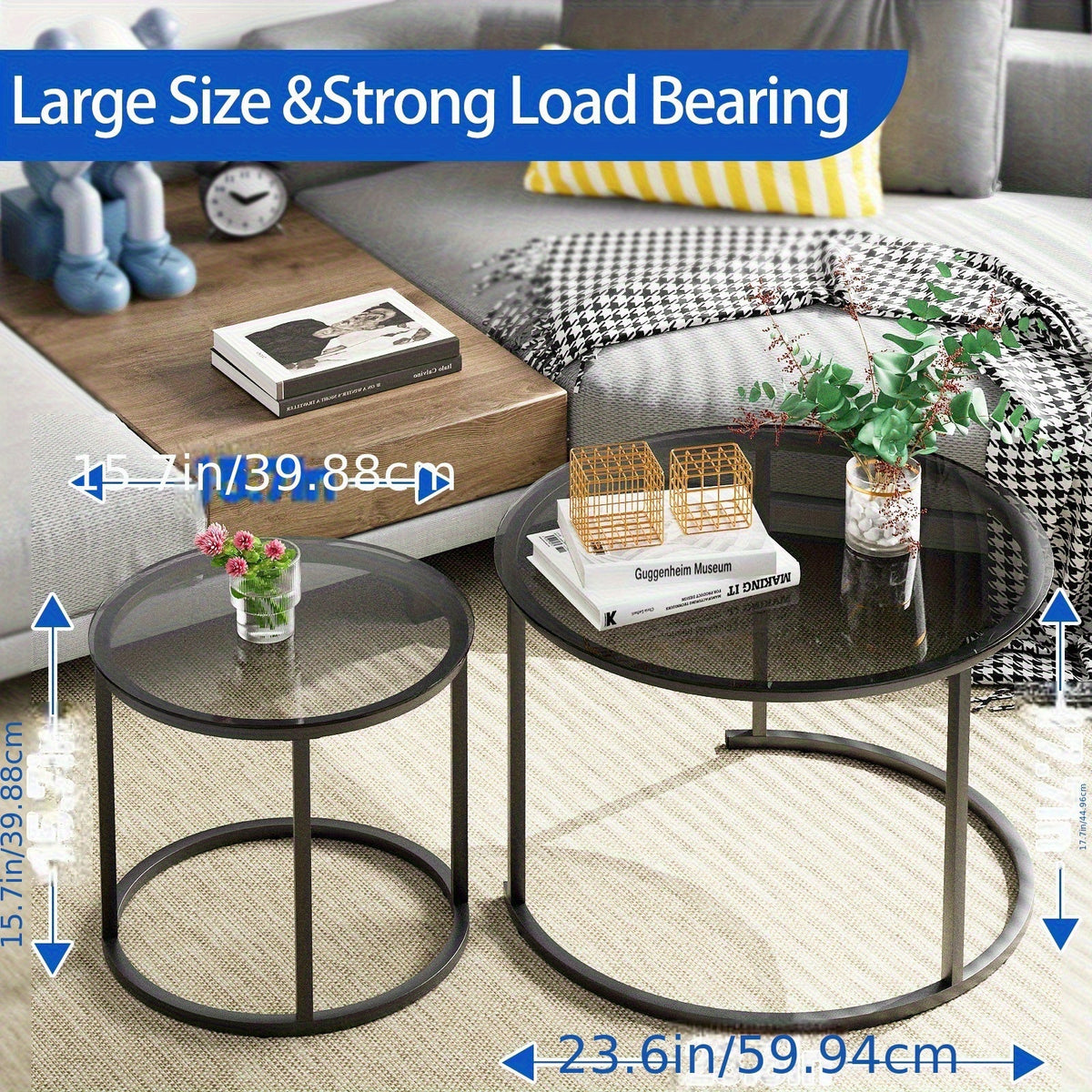 Nesting Glass Coffee Tables Set of 2 – Round Modern Industrial Metal Frame Side Tables for Living Room Bedroom in Clear Gray Striped & Tea Glass with Gold or Black Frame