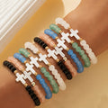 10pcs Boho Cross Glass Bead Bracelet Set – Stackable Multi-Layer Elastic Wristbands with Zircon & Zinc Alloy Accents, Elegant Jewelry for Daily Wear, Parties & Gifting