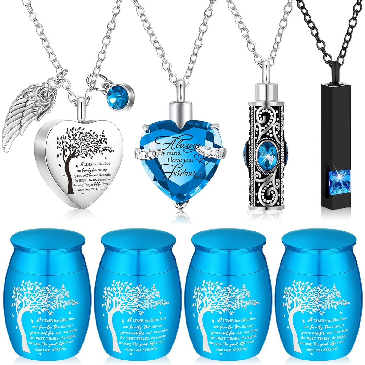 8-Piece Small Cremation Urns for Ashes – Alloy Keepsake Ash Holder Set with Family Tree Memorial Heart Locket Pendant for Adults Men & Women, Burial & Cremation Remembrance Gift, 8 Colors
