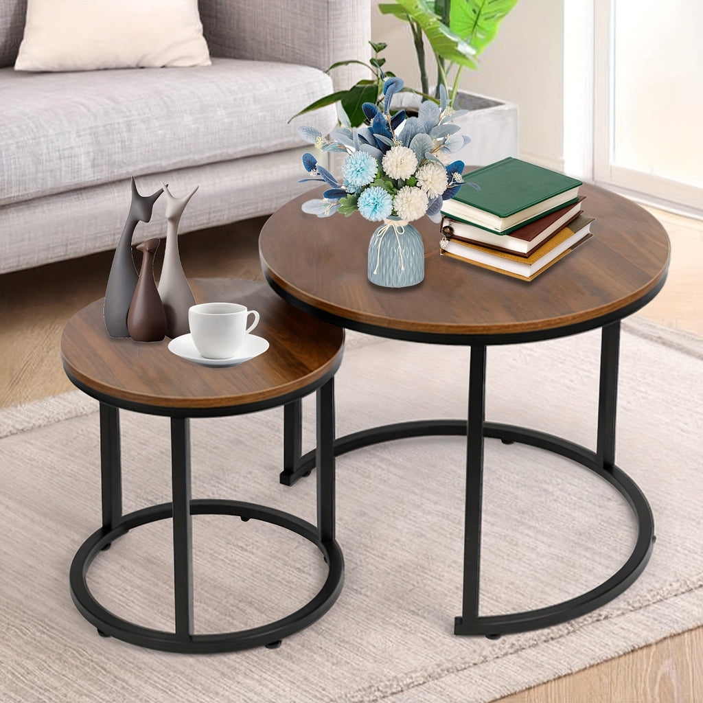 Round Nesting Side Table Set of 2 – Faux Marble & Wood Top with Metal Frame Modern Accent Tables for Living Room Bedroom in 6 Color Options