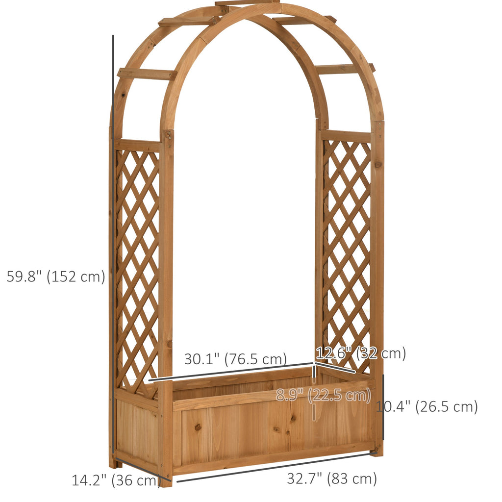 Raised Garden Bed with Arch Trellis Fir Wood Freestanding Planter Box with Lattice Side Drainage Holes for Climbing Plants Flowers Herbs Vegetables Patio Outdoor Brown