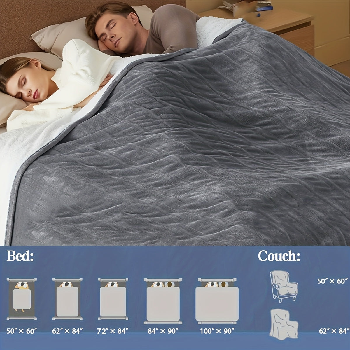 Electric Heated Blanket Dual Zone A B Independent Temperature Controllers 10 Heating Levels 1 2 4 6 8 Hour Auto-Off Fast Heating Soft Flannel Throw Twin Full Queen King Light Grey Navy Black Pink Purple Lake Blue