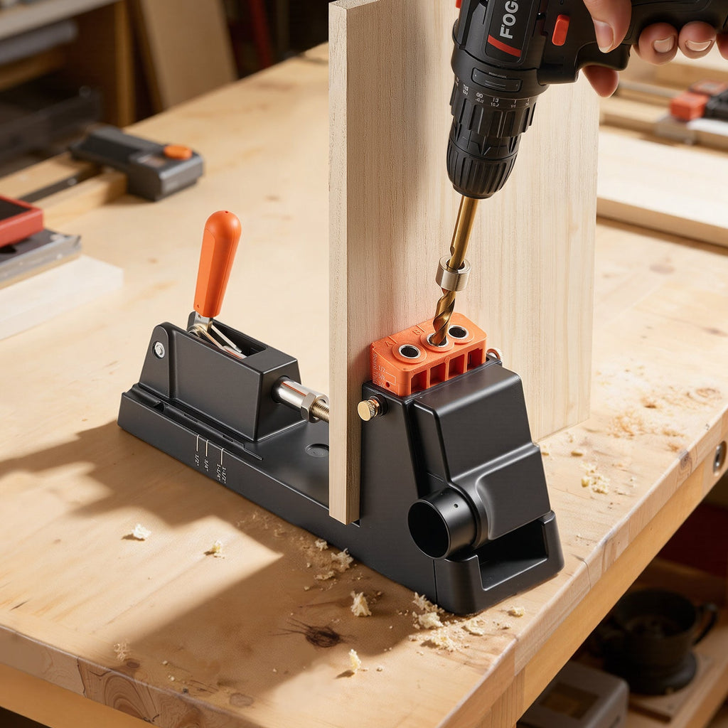 Pocket Hole Jig Kit 1/2 to 1-1/2 Inch Adjustable 2-in-1 Detachable Guide Block Titanium Step Drill Bit Dust Collection Adapter Carrying Case for Woodworking Joinery