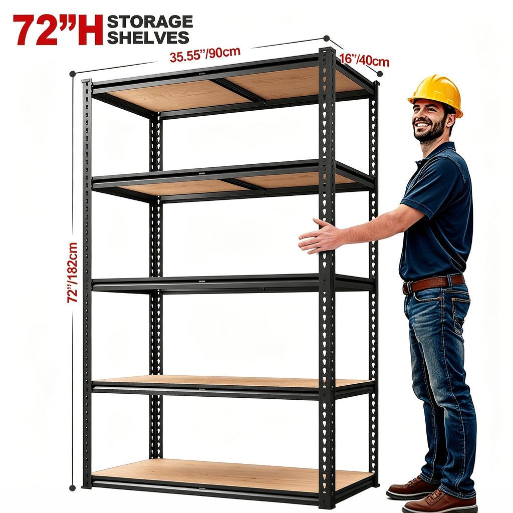 5-Tier Heavy Duty Garage Storage Shelves 2000LB Capacity Adjustable 72x35.5x16 Inch Metal Shelving for Garage Closet Pantry Organization with Gloves and Hammer Black 72H 60H