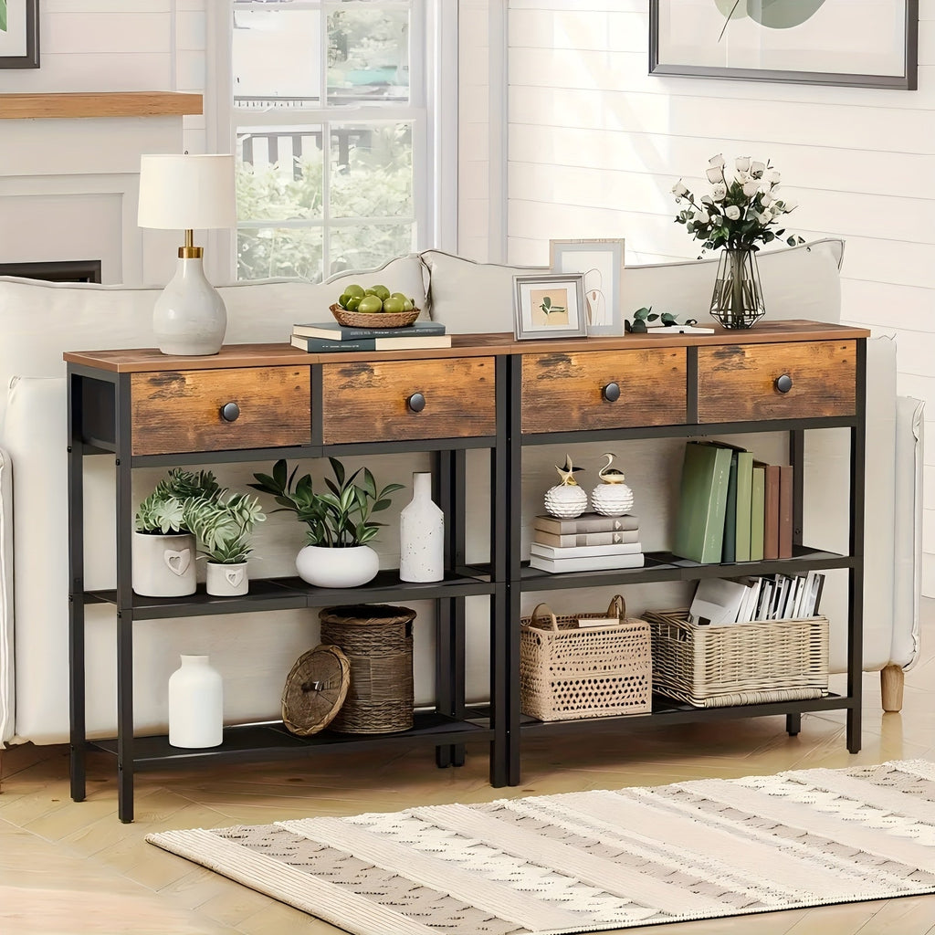 29.5 In Narrow Console Table 2 Fabric Drawers 3-Tier Storage Shelves Sofa Table & Entryway Desk for Living Room & Hallway – Rustic Brown Black Gray