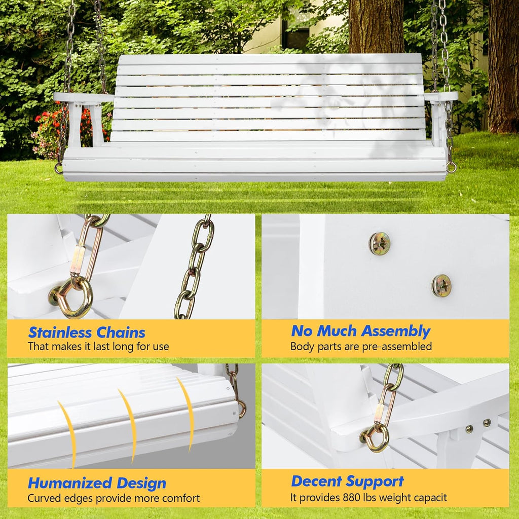 Wooden Porch Swing 880LBS Heavy Duty Ergonomic Curved Seat Adjustable Chains Well-Coated Surface for Patio Garden Courtyard Outdoor Hanging Bench 4FT 5FT Brown Natural