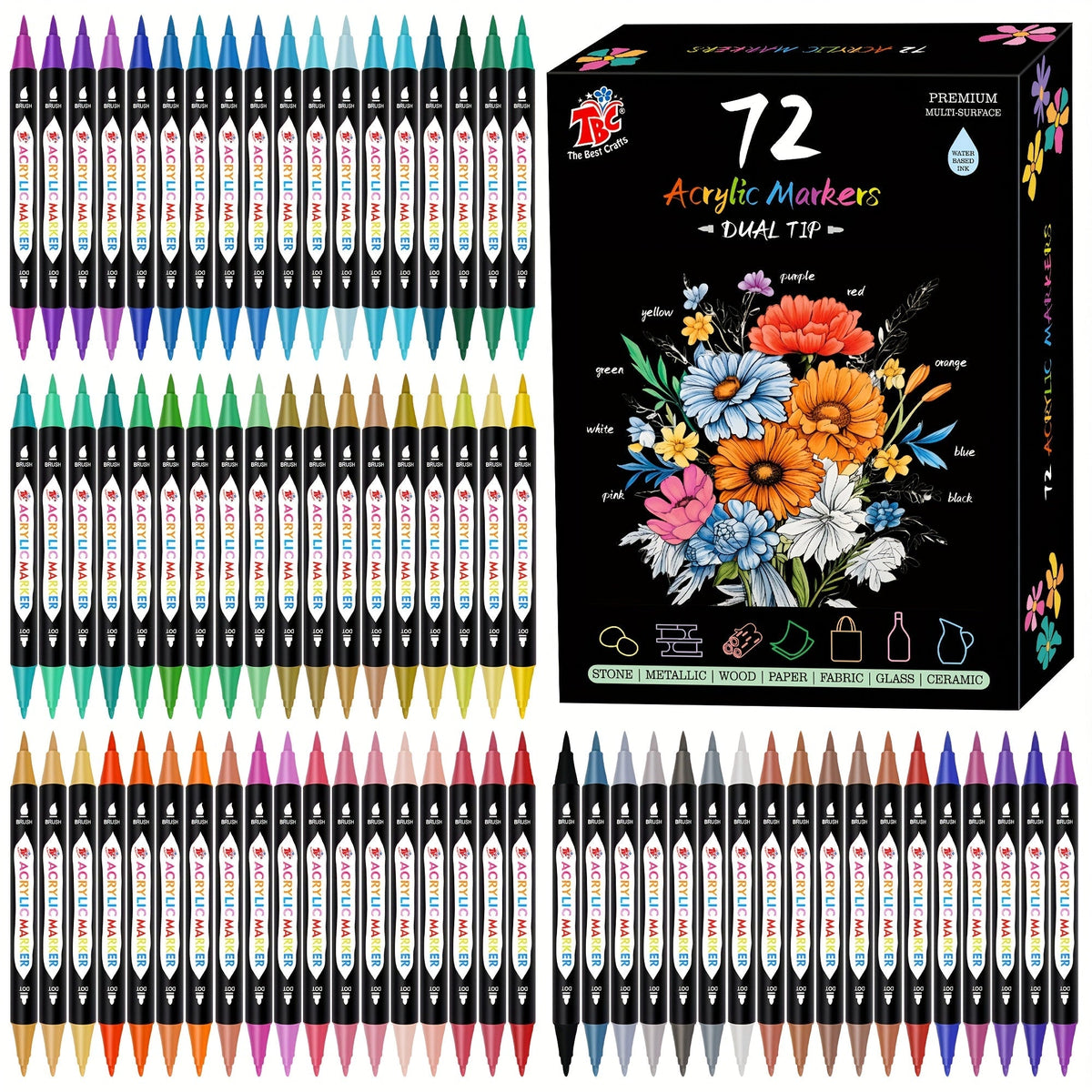 Dual Tip Acrylic Paint Markers Set 48 72 108 Colors Non-Toxic Odorless Permanent Paint Pens for Rock Painting Canvas Wood Glass Ceramic Fabric Stone Paper DIY Art Craft Supplies for Adults Kids