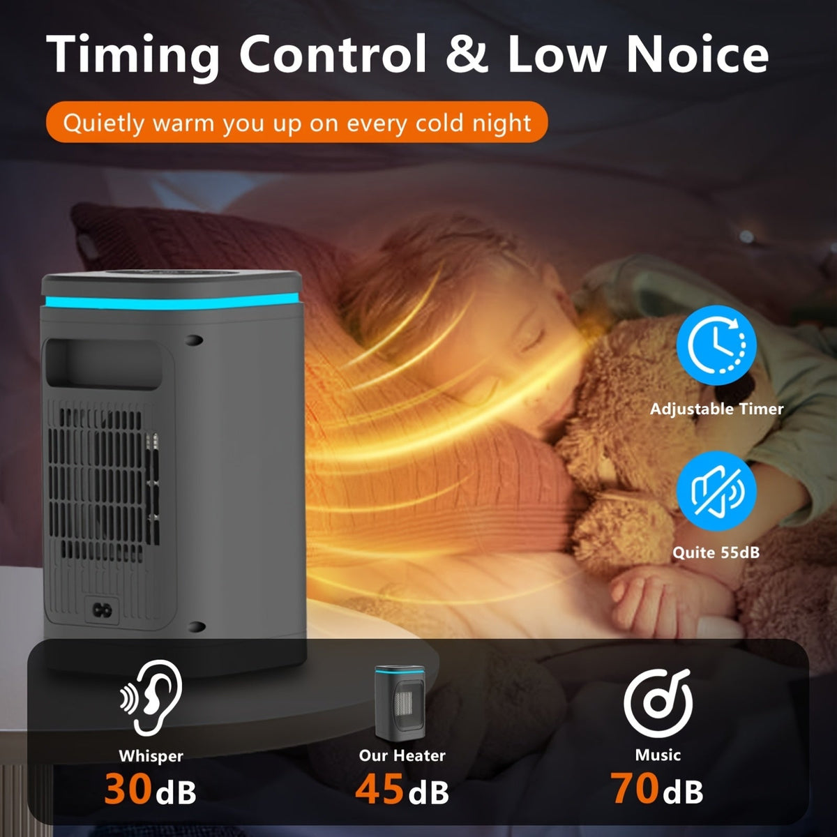 Portable Space Heater 1500W PTC Electric with Color Light Remote Timer Digital Display Overheat Protection Fast Safe Heat for Bedroom Home Office Indoor