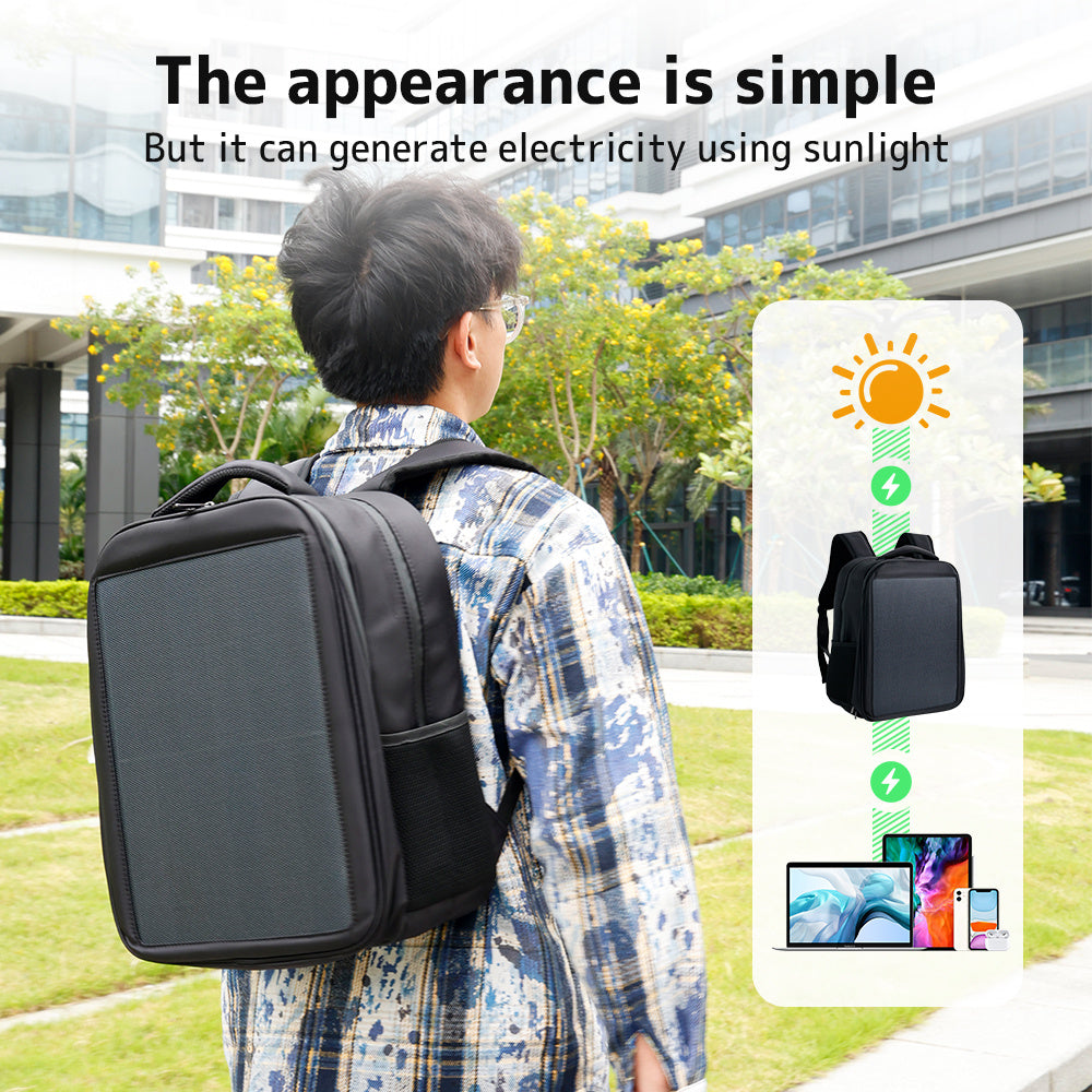 Solar Powered Backpack with Laptop Compartment 13-15.6 Inch USB Type-C Dual Charging Ports Multi-Pocket Oxford Fabric Ergonomic Straps for Commute Travel School Black