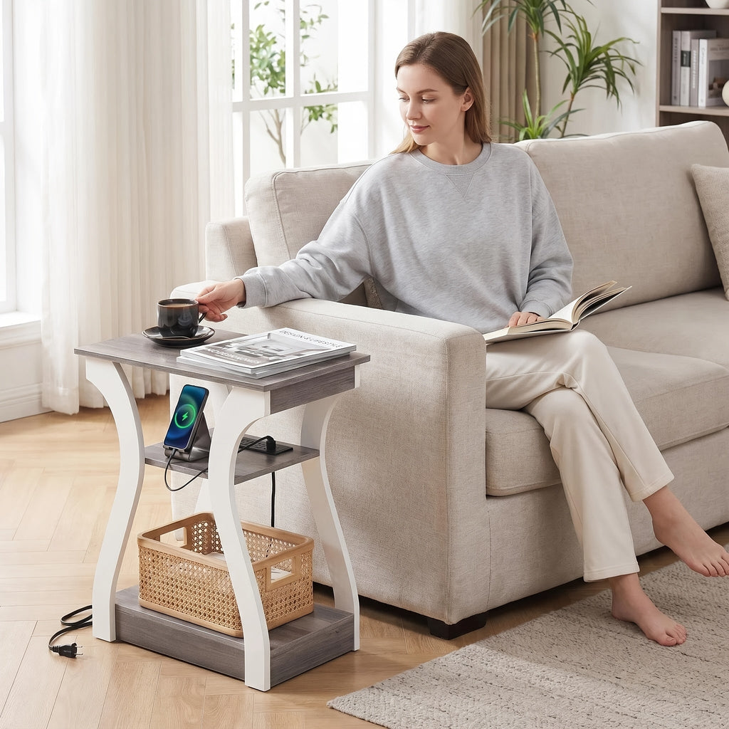 3-Tier Nightstand with Charging Station - USB Ports & Outlets, Modern Slim Bedside End Table for Bedroom, Dorm & Small Apartment - Black & White, 1 or 2 Pack