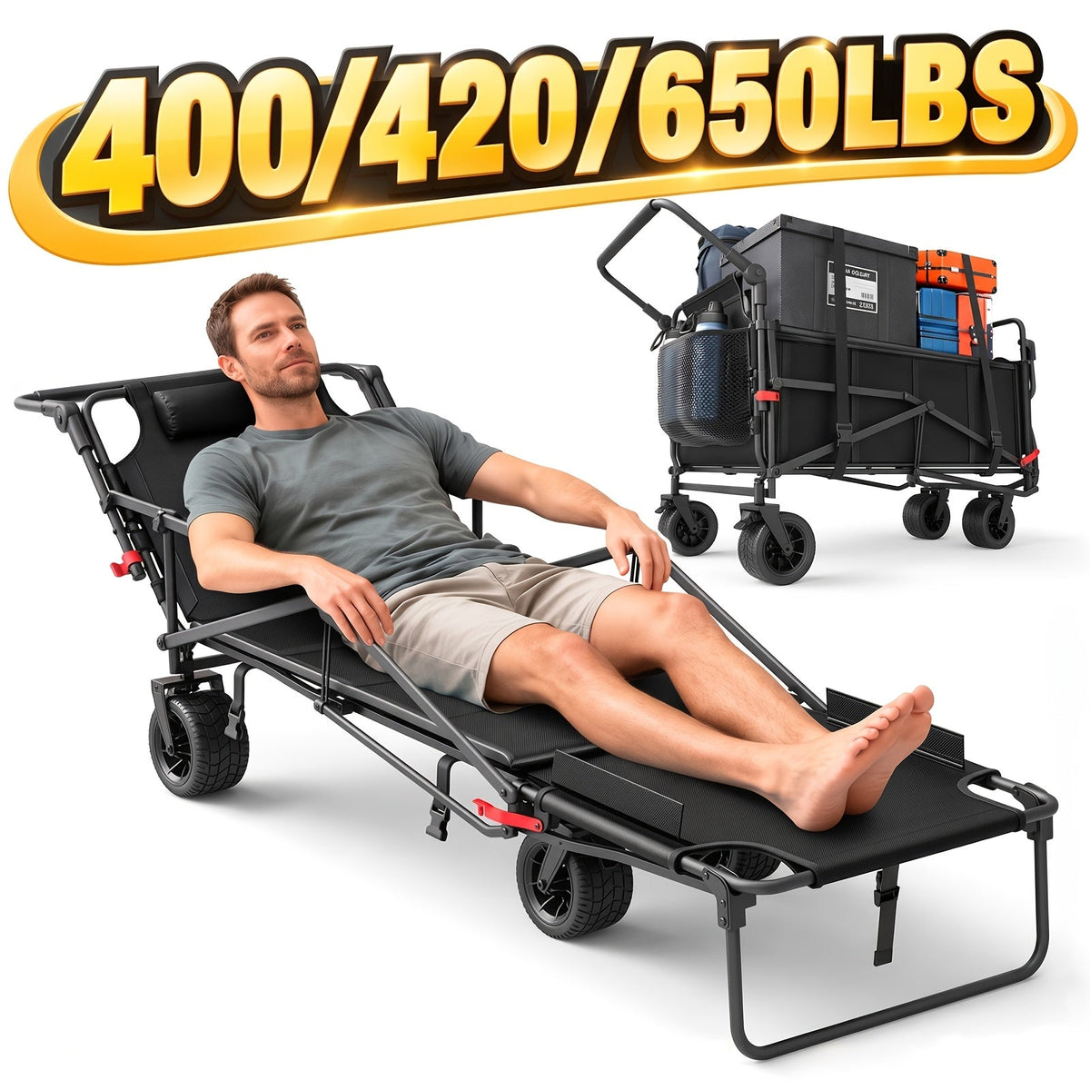 Heavy Duty Folding Wagon 2-in-1 Collapsible Cart and Beach Chair 400 420 650LBS Capacity All-Terrain 360 Swivel Wheels with Brakes Side Pockets for Camping Beach Groceries