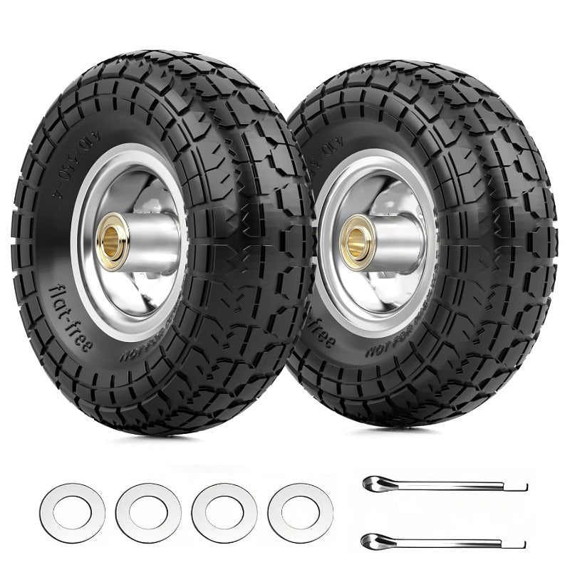 10" Solid Rubber Tires 2-Pack - Flat-Free, 5/8" Axle Bore, Dual Sealed Bearings for Carts, Trolleys, Generators, Lawn Mowers & Garden Carts - Black