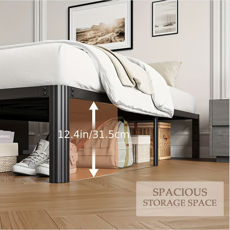 14-Inch Heavy-Duty Metal Bed Frame 3500 LBS Black Fan-Shaped Legs 4 Mattress Limiters No Box Spring No Noise Large Under-Bed Storage – Twin Full Queen King