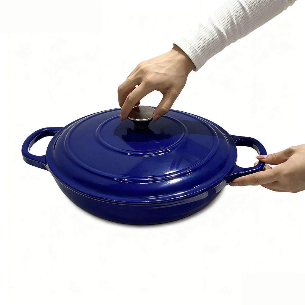 Enameled Cast Iron Brazier 3.5 Qt Blue Braising Pan Dutch Oven for Braising Roasting Baking Frying Simmering Holiday Entertaining Heirloom Quality Kitchen Gift