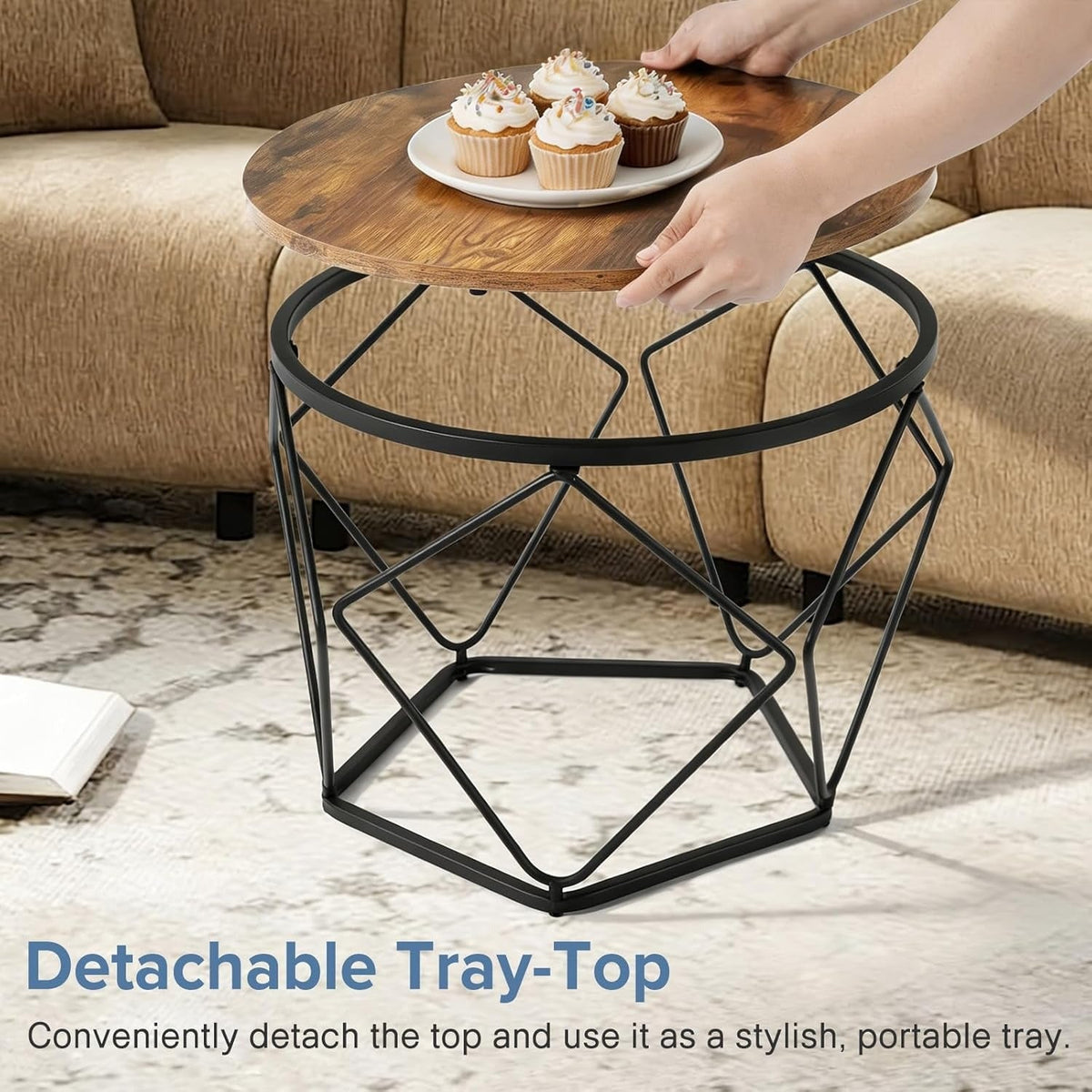 Set of 2 Modern Round Nesting Coffee & Side Tables with Hidden Storage Sturdy Geometric Frame for Bedroom & Living Room