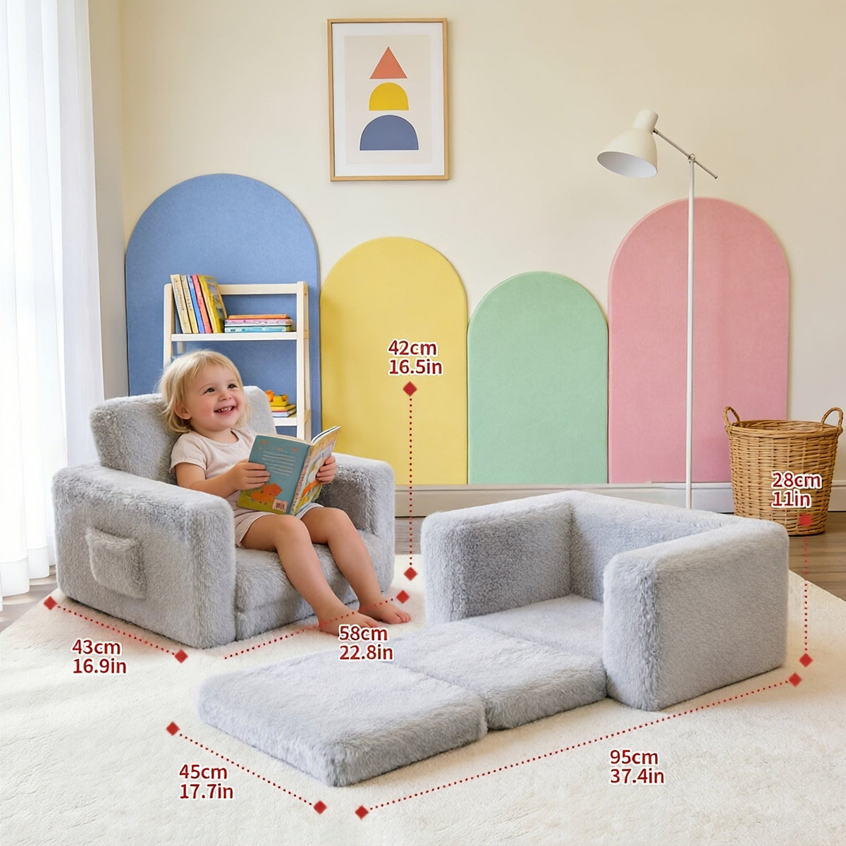 Kids Sofa 2-in-1 Convertible Recliner Chair Velvet Plush Storage Pocket Armrests Folding Lounge Chair for Boys Girls Playroom Bedroom Pink Grey White