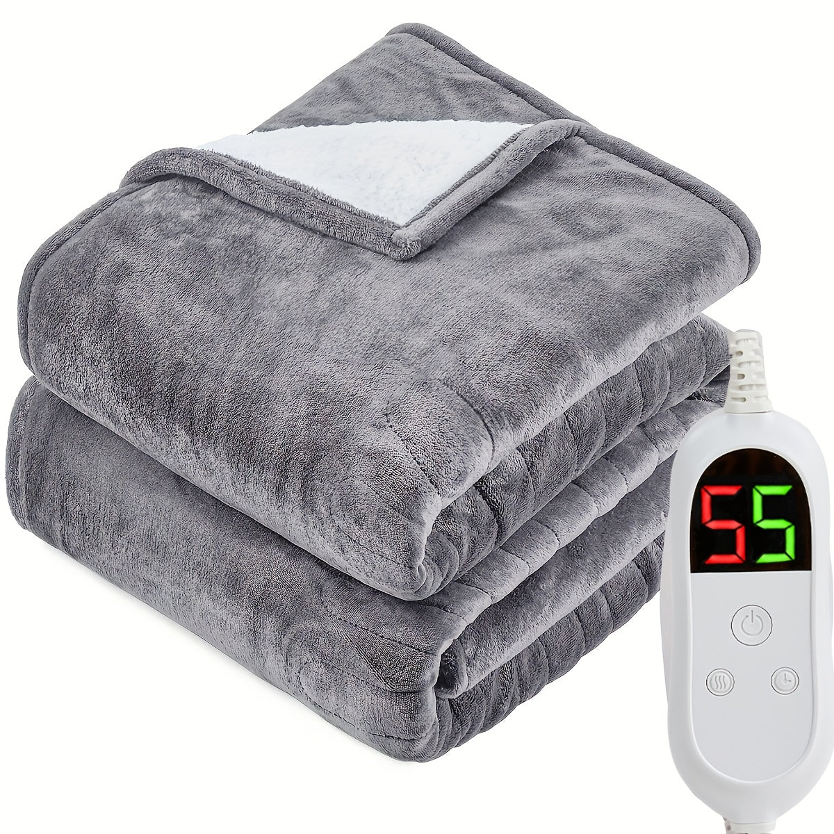 Electric Heated Blanket Dual Zone A B Independent Temperature Controllers 10 Heating Levels 1 2 4 6 8 Hour Auto-Off Fast Heating Soft Flannel Throw Twin Full Queen King Light Grey Navy Black Pink Purple Lake Blue