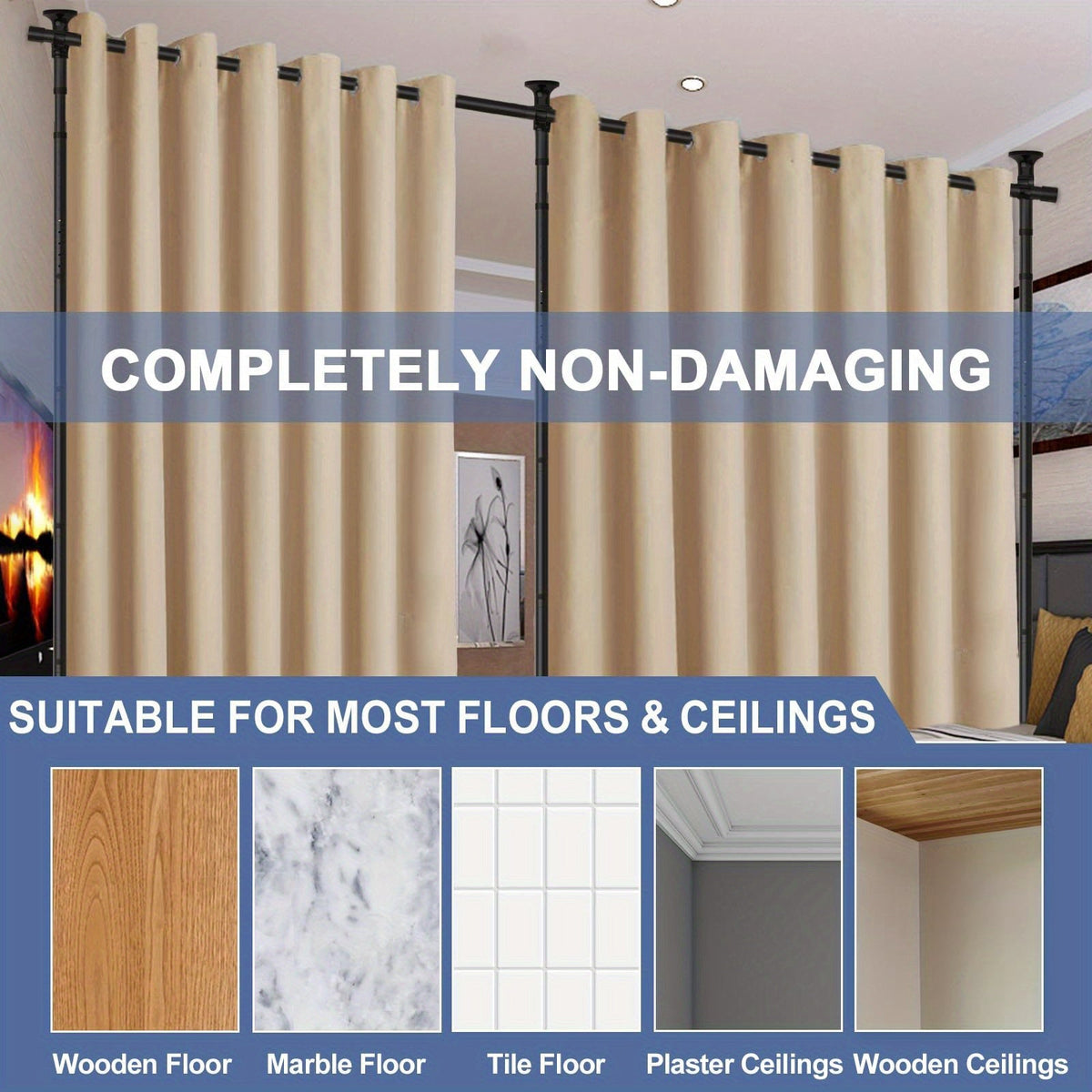 Floor to Ceiling Tension Curtain Rod No Drilling Room Divider 4-10FT Height 28-114 Inch Width Adjustable Heavy Duty for Space Partition Studio Apartment Bedroom Black
