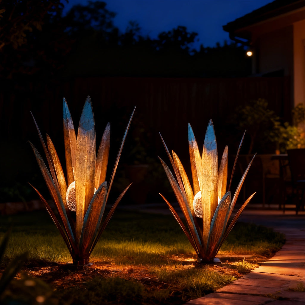 Solar Agave Stake Lights Outdoor Set of 2 Large and Small Metal Garden Pathway Lawn Courtyard Decor Plant Sculpture Light Bronze Green Orange Deep Red Sapphire Blue Hummingbird Butterfly