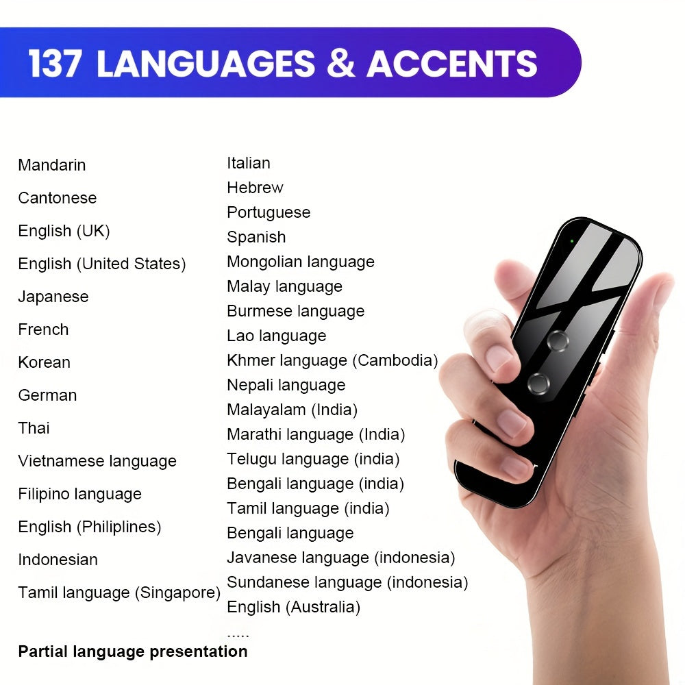 Portable Bluetooth Intelligent Language Translator - Real-Time Translation for Travel, Learning, Shopping & Business - Black