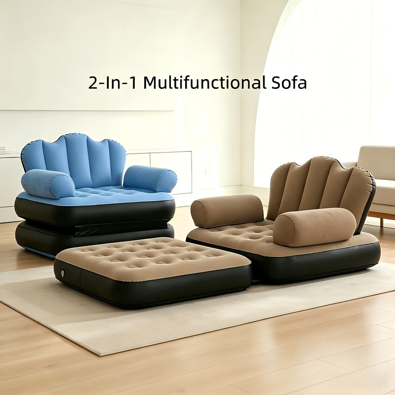2-in-1 Flocked PVC Inflatable Sofa Bed Convertible Inflatable Couch & Air Mattress Portable Easy to Store Holiday Gift – Khaki or Blue