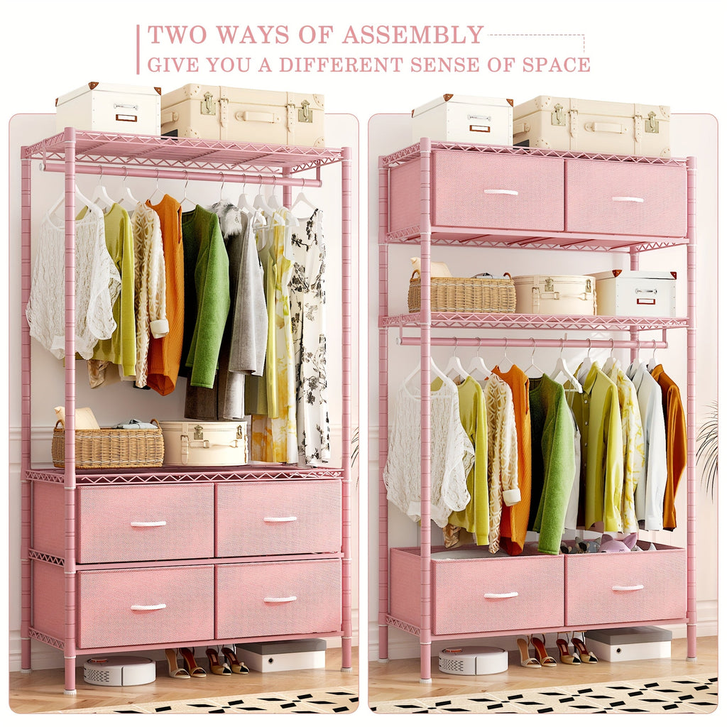 Heavy Duty Clothes Rack with 4 Drawers 420LBS Adjustable Clothing Rack for Hanging Coats Shirts Dresses Top Shelf 10-Minute Assembly for Bedroom Closet Apartment