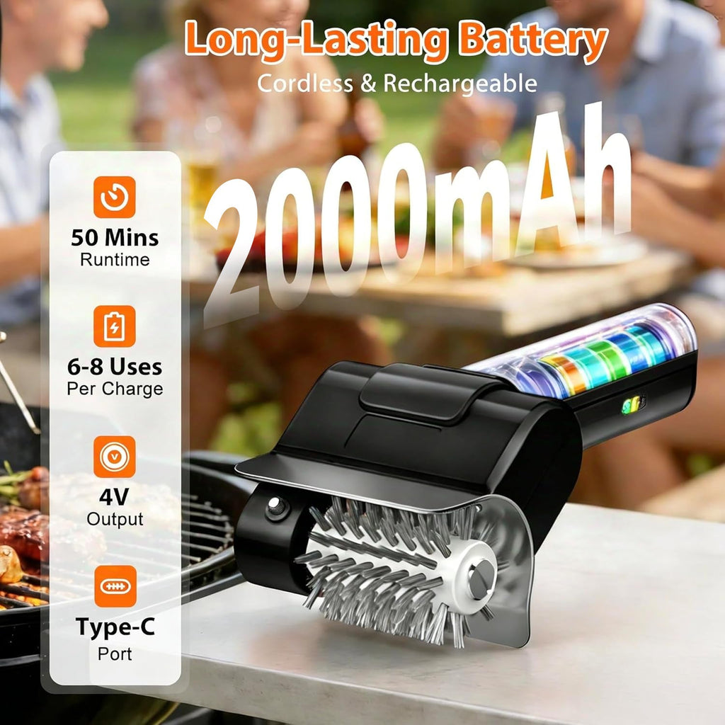Cordless Electric Grill Brush 800 RPM 2000mAh Rechargeable 304 Stainless Steel Bristles BBQ Grill Cleaner with Replacement Brush Head and Gloves Portable Outdoor Barbecue Scrubber Black