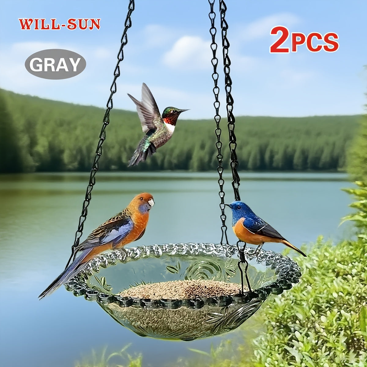 Hanging Bird Feeder 2-Pack with Chain - Decorative Double Bowl Bird Bath & Feeder for Outdoor Garden & Yard, Attracts Hummingbirds & Wild Birds, No Electricity Needed, Durable Plastic (4 Colors)