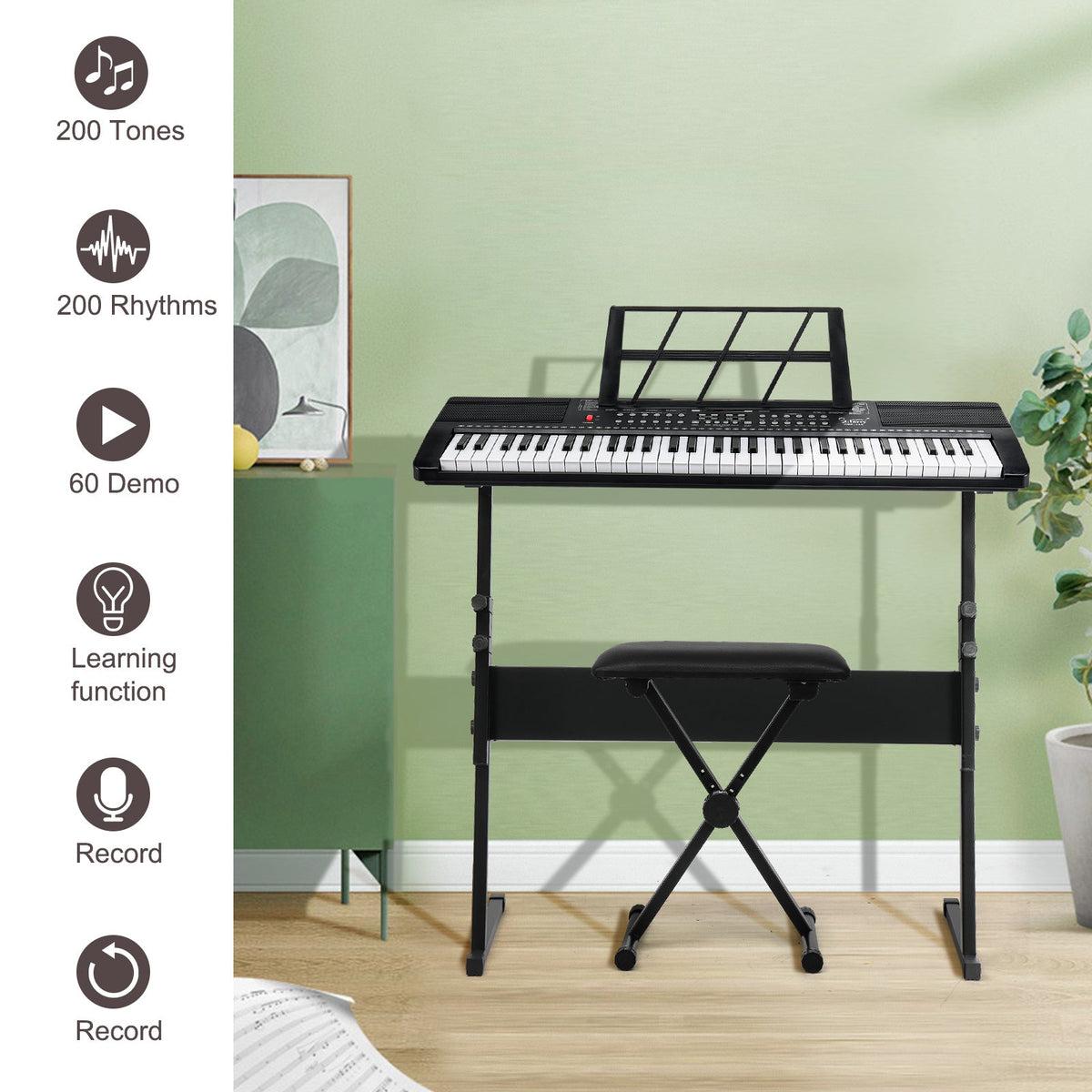 61-Key Beginner Keyboard Piano Starter Kit with Stand Bench Microphone Music Rest Built-in Speakers 200 Timbres 200 Rhythms LED Display for Kids Adults