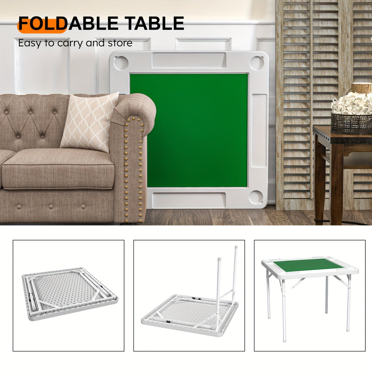 Folding Card Table with Green Felt Surface – Portable Mahjong Table for Poker, Dominoes & Card Games, Foldable Game Table for Home Game Night, Easy Setup, Black or White – Nova Mart