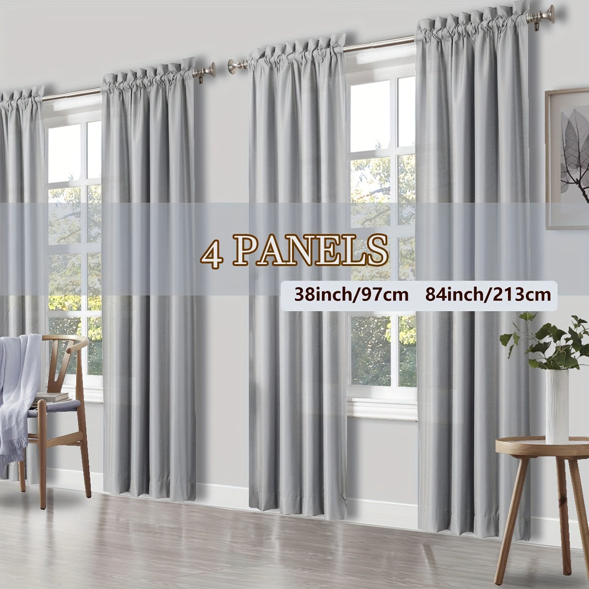 Rod Pocket Light Filtering Curtains 4 Panels Solid Color | Yarn-Dyed Fade Resistant Fabric | Easy 30-Second Install | Living Room Bedroom Office Patio Door | 10 Colors 8 Sizes 38-54 Wide 54-95 Long