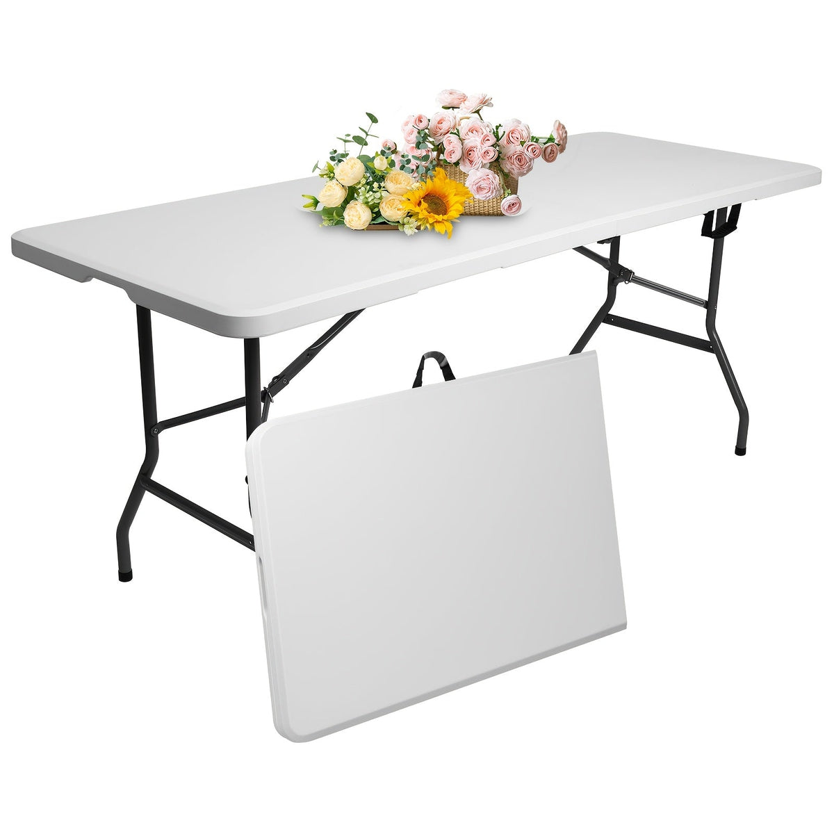 Plastic Folding Table 4ft/6ft - Rectangular Center-Fold Portable Table with Carry Handle for BBQ, Outdoor, Camping & Party - White - Seats 4-8 Persons