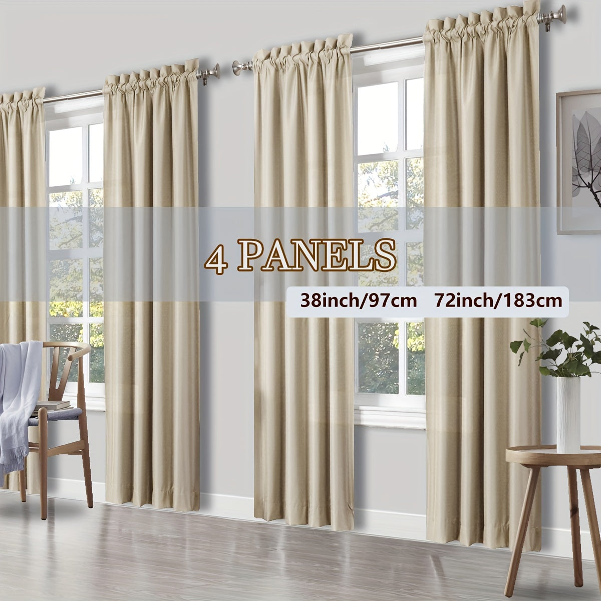 Rod Pocket Light Filtering Curtains 4 Panels Solid Color | Yarn-Dyed Fade Resistant Fabric | Easy 30-Second Install | Living Room Bedroom Office Patio Door | 10 Colors 8 Sizes 38-54 Wide 54-95 Long