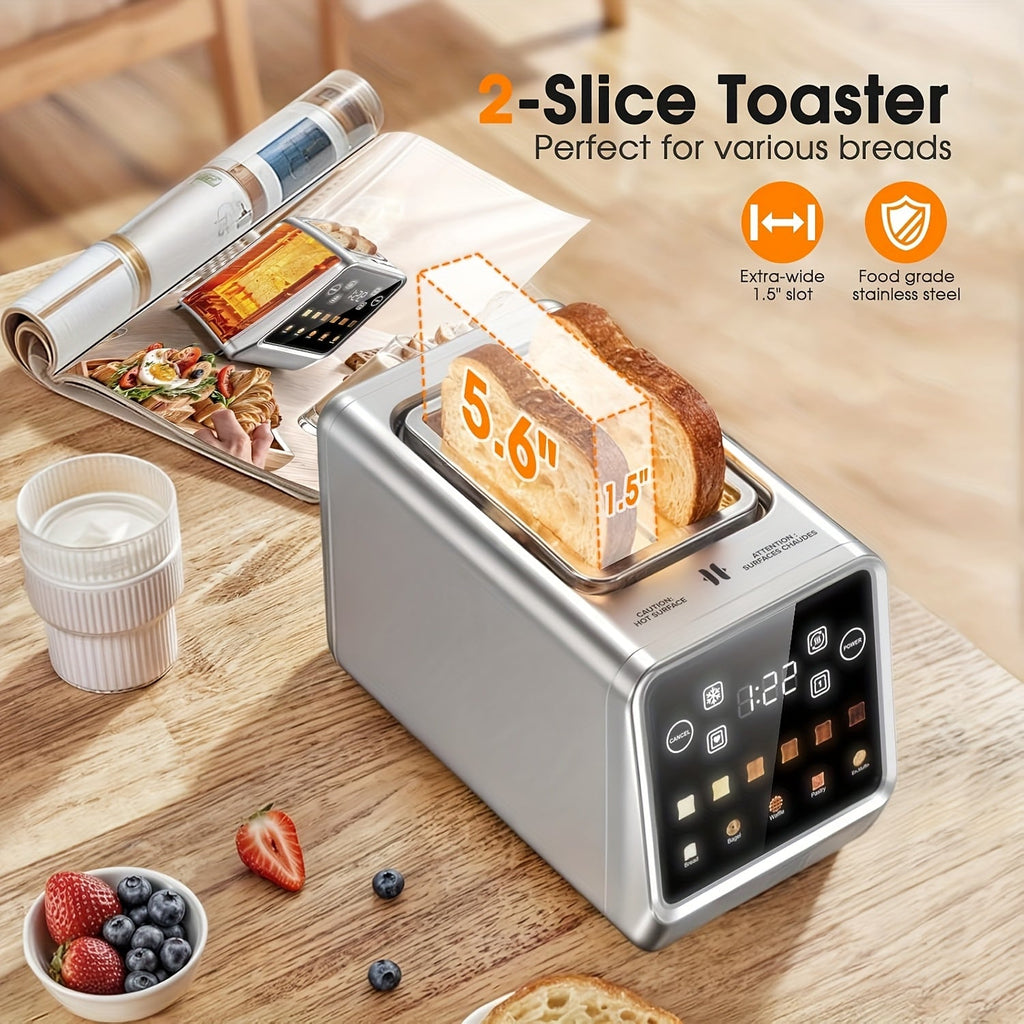 Touch Screen 2-Slice Toaster Stainless Steel Smart Digital with Memory Function 5 Bread Types 6 Shade Settings 1.5 Inch Wide Slot 900W for Home Kitchen