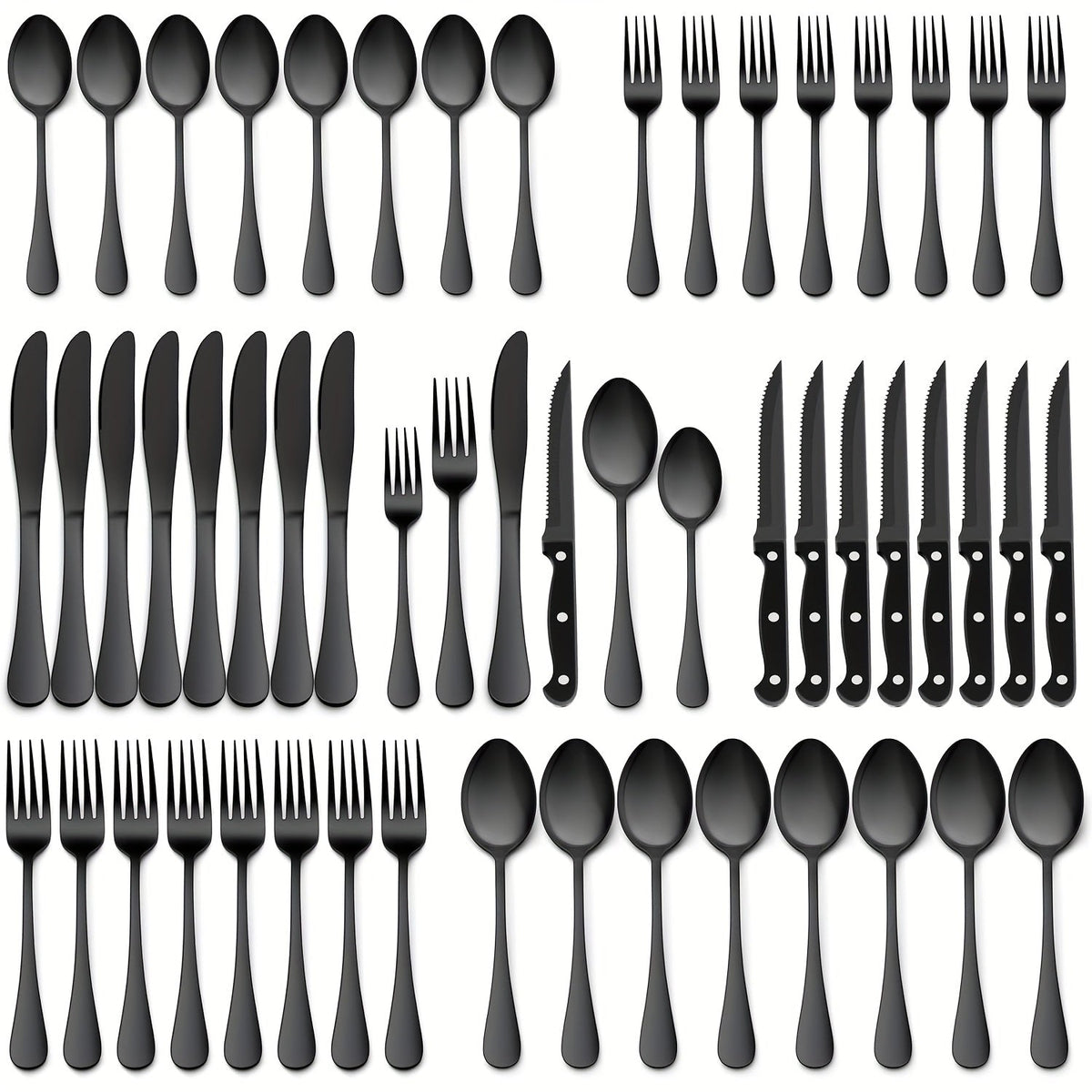 48-Piece Silverware Set with Steak Knives Service for 8 – 304 Stainless Steel Flatware Cutlery Set Mirror Finish Dishwasher Safe Spoons Forks Knives Silver Black