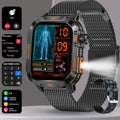 Rugged Outdoor Smartwatch – 2.01" Wireless Calling LED Flashlight 600mAh Battery Compatible with iPhone & Android in Black Steel Mesh & Camouflage Blue Silicone Strap Options
