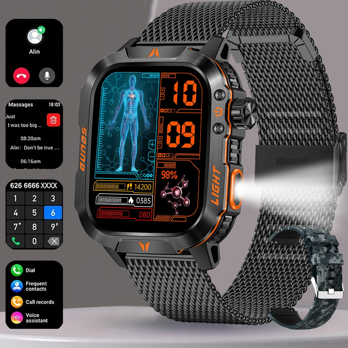 Rugged Outdoor Smartwatch – 2.01" Wireless Calling LED Flashlight 600mAh Battery Compatible with iPhone & Android in Black Steel Mesh & Camouflage Blue Silicone Strap Options