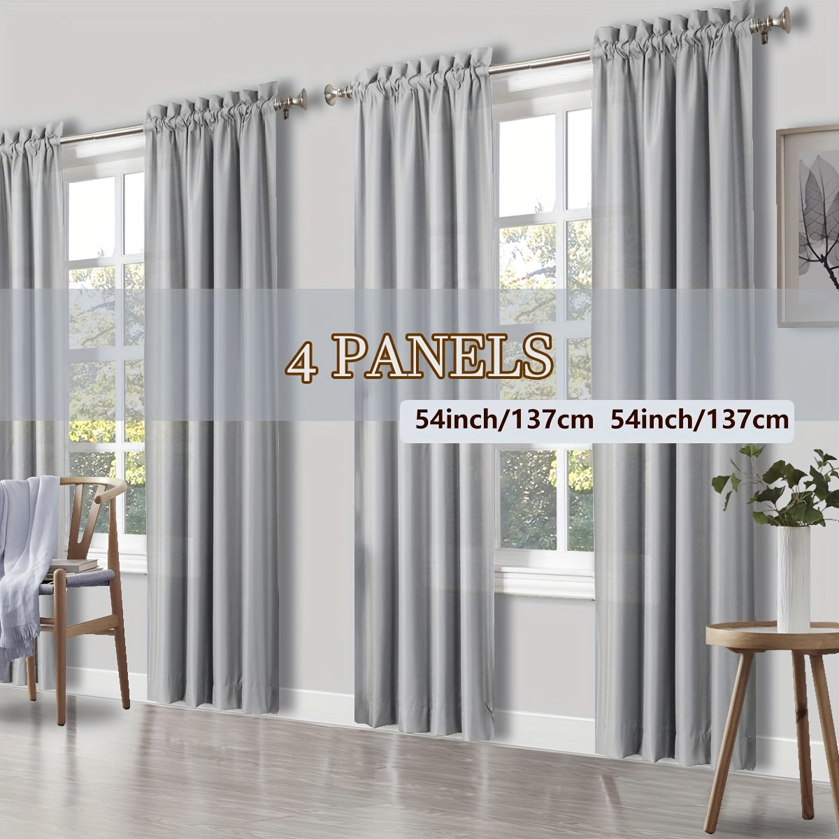 Rod Pocket Light Filtering Curtains 4 Panels Solid Color | Yarn-Dyed Fade Resistant Fabric | Easy 30-Second Install | Living Room Bedroom Office Patio Door | 10 Colors 8 Sizes 38-54 Wide 54-95 Long