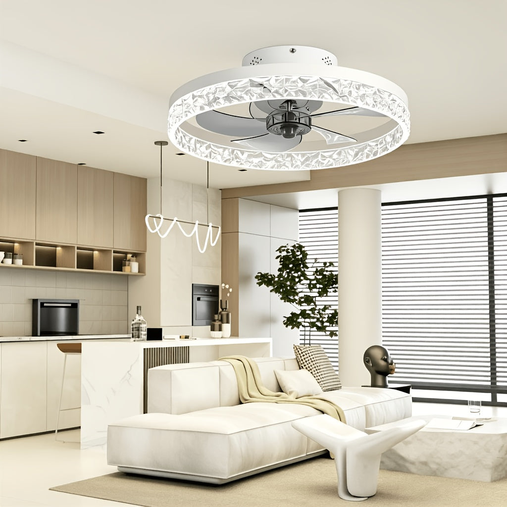 20 Inch Flush Mount Ceiling Fan with Light and Remote Dimmable 3000K-6000K LED Bladeless Low Profile Fandelier for Bedroom Living Room Kitchen White