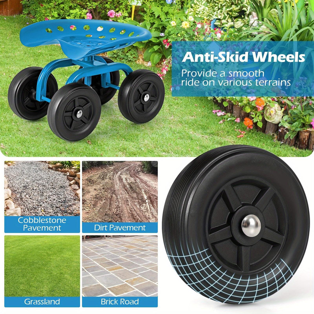 Garden Cart with Seat 330LBS Heavy Duty Rolling Scooter 5 Inch Adjustable Height 360 Swivel Seat 4 Non-Slip Wheels Ergonomic for Lawn Yard Planting Pruning Red Blue Green