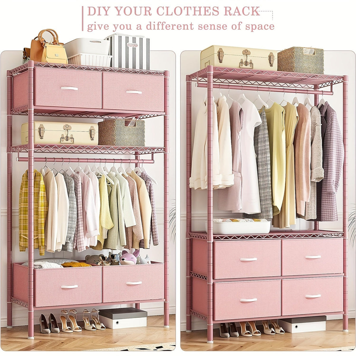 Heavy Duty Clothes Rack with 4 Drawers 420LBS Adjustable Clothing Rack for Hanging Coats Shirts Dresses Top Shelf 10-Minute Assembly for Bedroom Closet Apartment