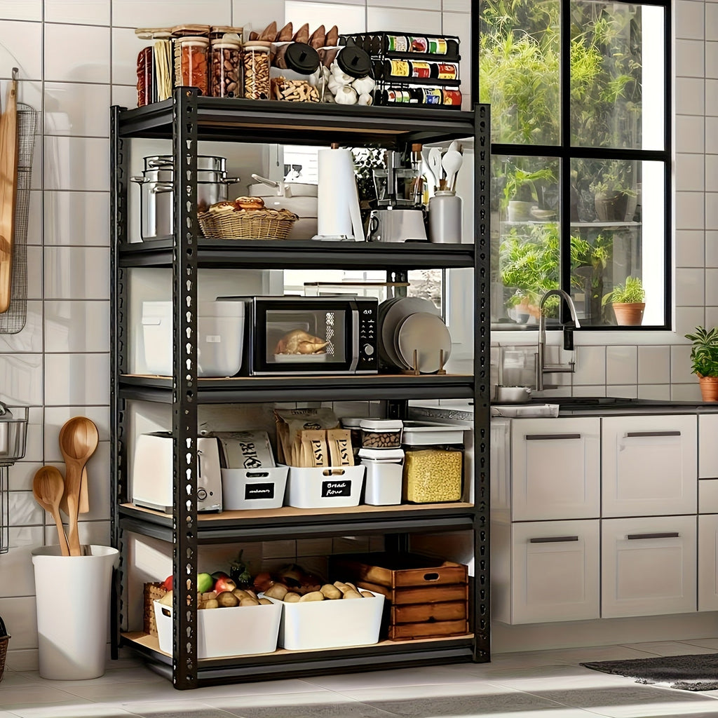 5-Tier Heavy Duty Garage Storage Shelves 2000LB Capacity Adjustable 72x35.5x16 Inch Metal Shelving for Garage Closet Pantry Organization with Gloves and Hammer Black 72H 60H
