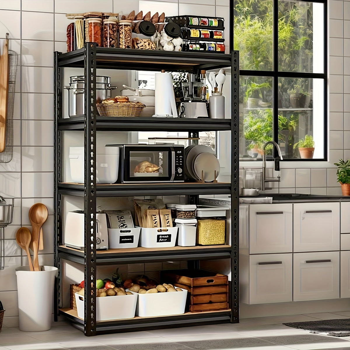 5-Tier Heavy Duty Garage Storage Shelves 2000LB Capacity Adjustable 72x35.5x16 Inch Metal Shelving for Garage Closet Pantry Organization with Gloves and Hammer Black 72H 60H