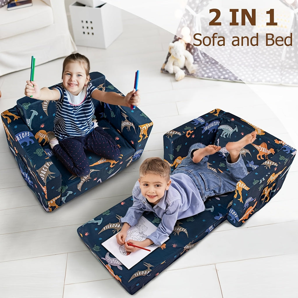 Kids 2-in-1 Convertible Sofa Bed Toddler Flip Out Lounge Chair No Assembly Required Machine Washable Cover for Boys Girls Bedroom Playroom Daycare Blue Dinosaur Cars
