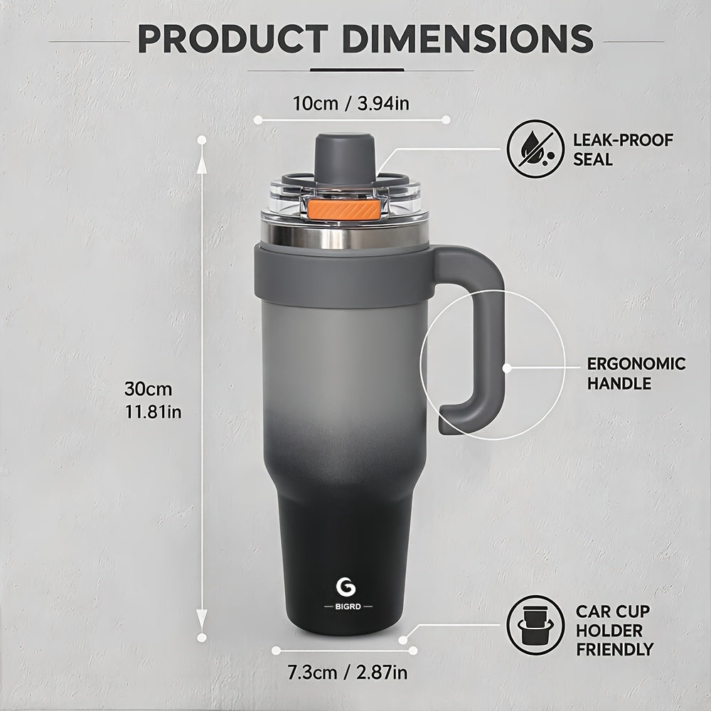 BIGRD 40oz Vacuum Insulated Travel Tumbler 1182ml Double Wall Stainless Steel with Handle and Straw Lid Leak Proof Hot Cold Hours Cleaning Brush Black Gray Blue