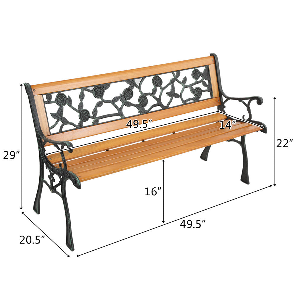 49 Inch Outdoor Garden Bench Cast Iron Hardwood Floral Rose Back Love Seat 330LBS Capacity Weather-Resistant Patio Porch Deck Bench Bronze Natural