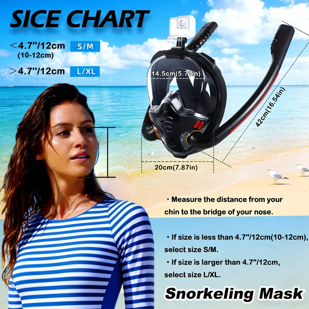 Full Face Snorkel Mask – 180° Panoramic View Dual Tube Anti-Fog Anti-Leak with Camera Mount for Adult Swimming & Snorkeling in Black & Black-Blue (S/M)