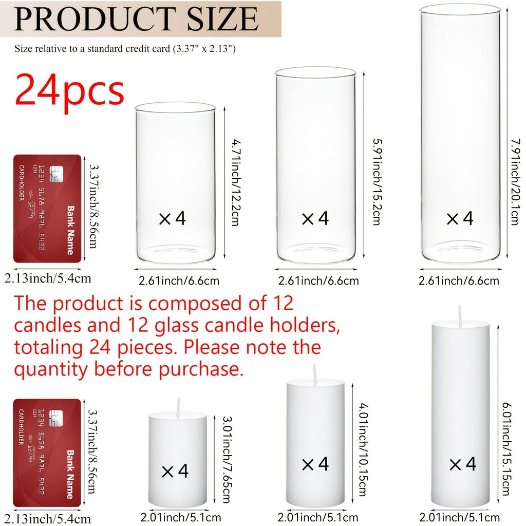 White Pillar Candles with Clear Glass Hurricane Holders Cylinder Candle Vases Set for Wedding Centerpiece Party Table Decor Home Office 23 24 or 48 Pieces