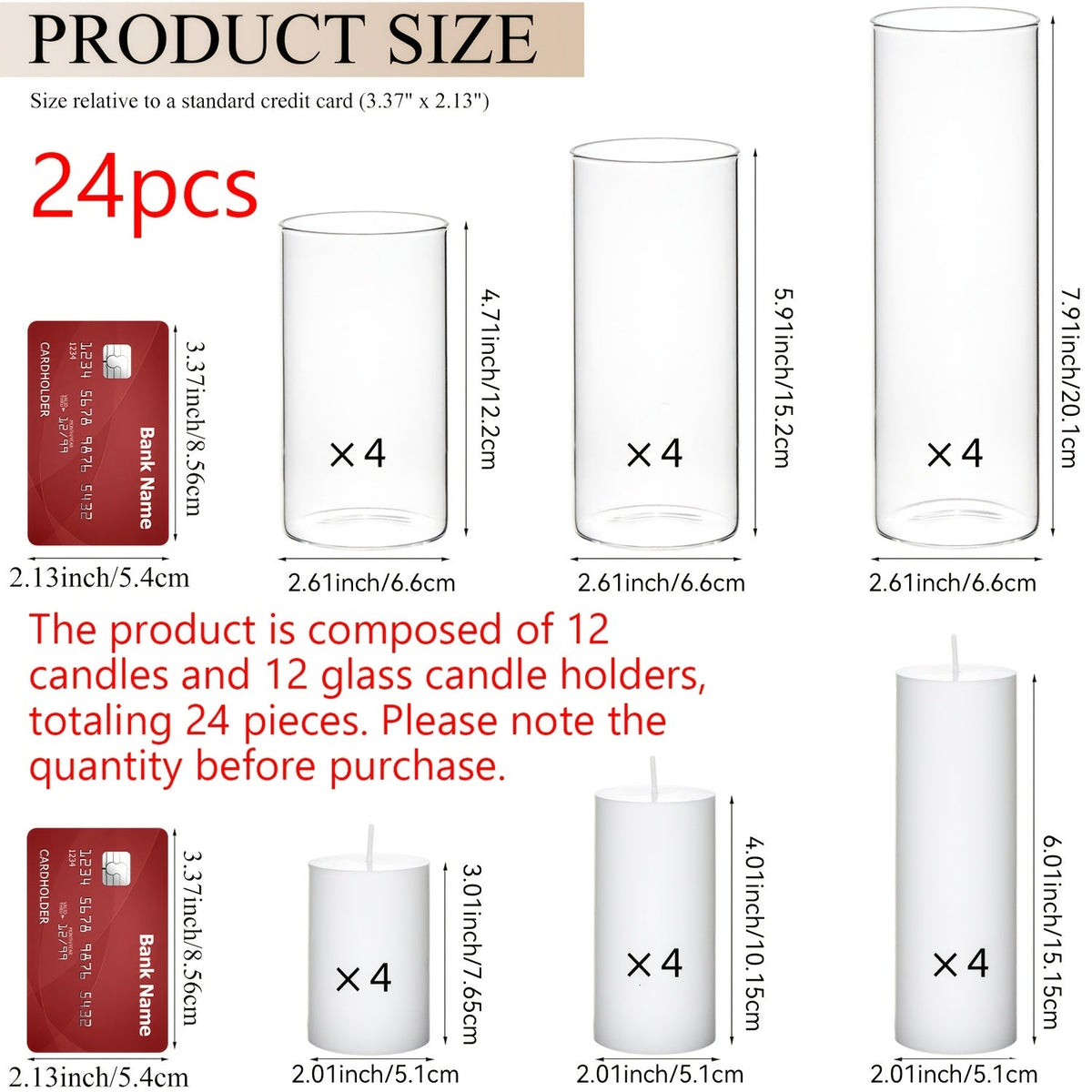White Pillar Candles with Clear Glass Hurricane Holders Cylinder Candle Vases Set for Wedding Centerpiece Party Table Decor Home Office 23 24 or 48 Pieces